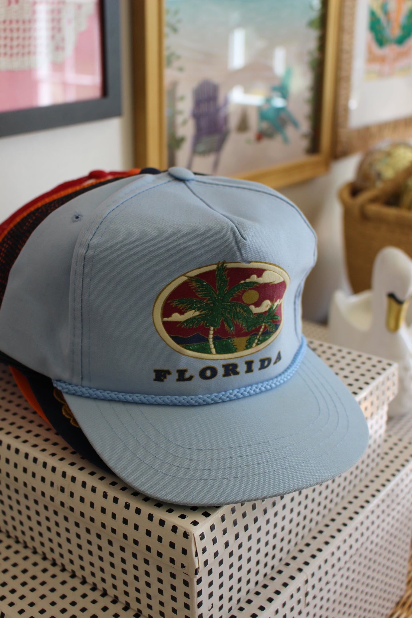 True Vintage Baby Blue "Florida" Palm Trees Buckle Back Hat