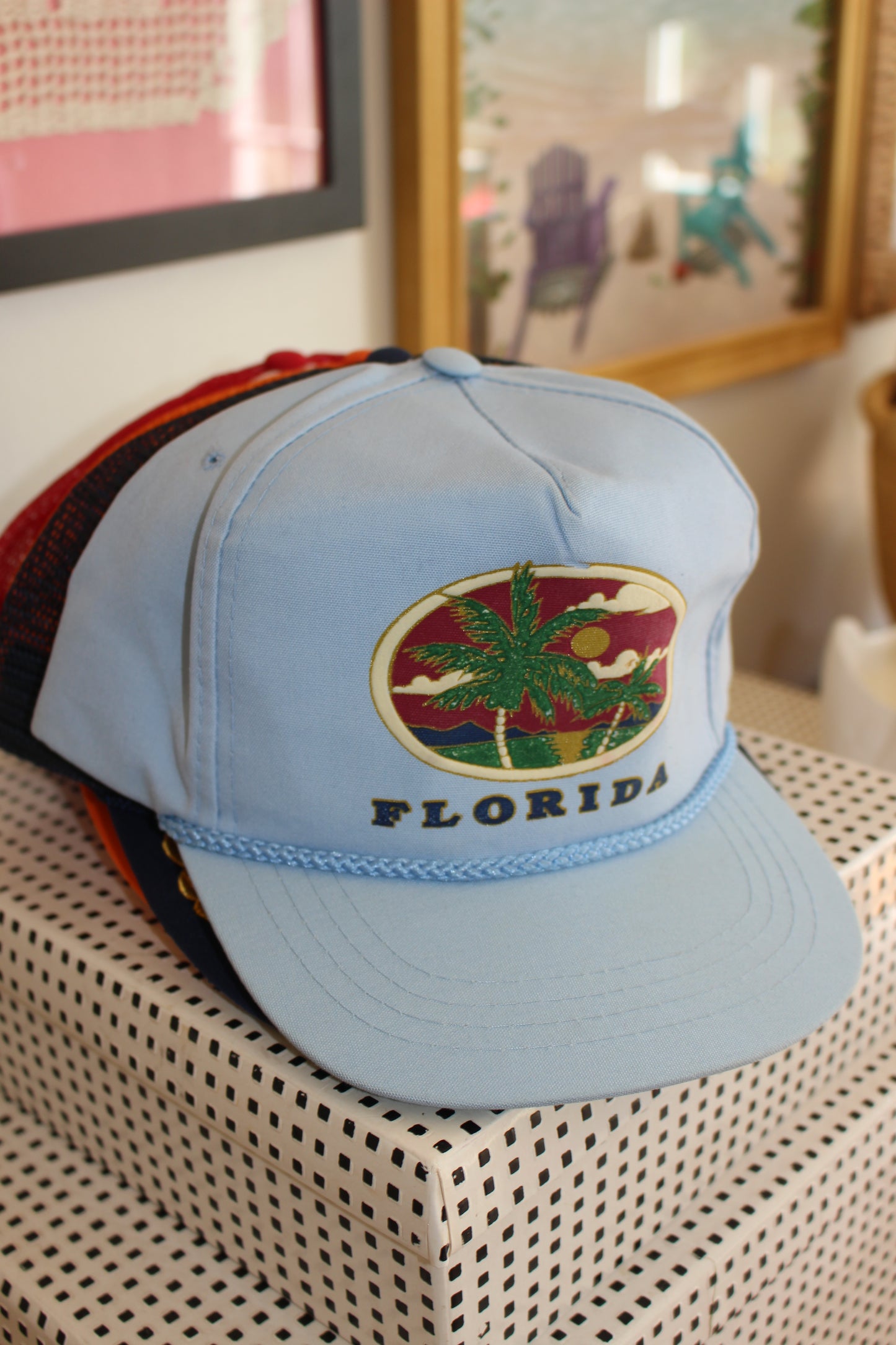 True Vintage Baby Blue "Florida" Palm Trees Buckle Back Hat