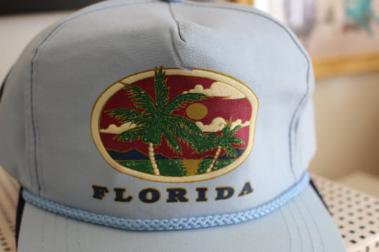 True Vintage Baby Blue "Florida" Palm Trees Buckle Back Hat