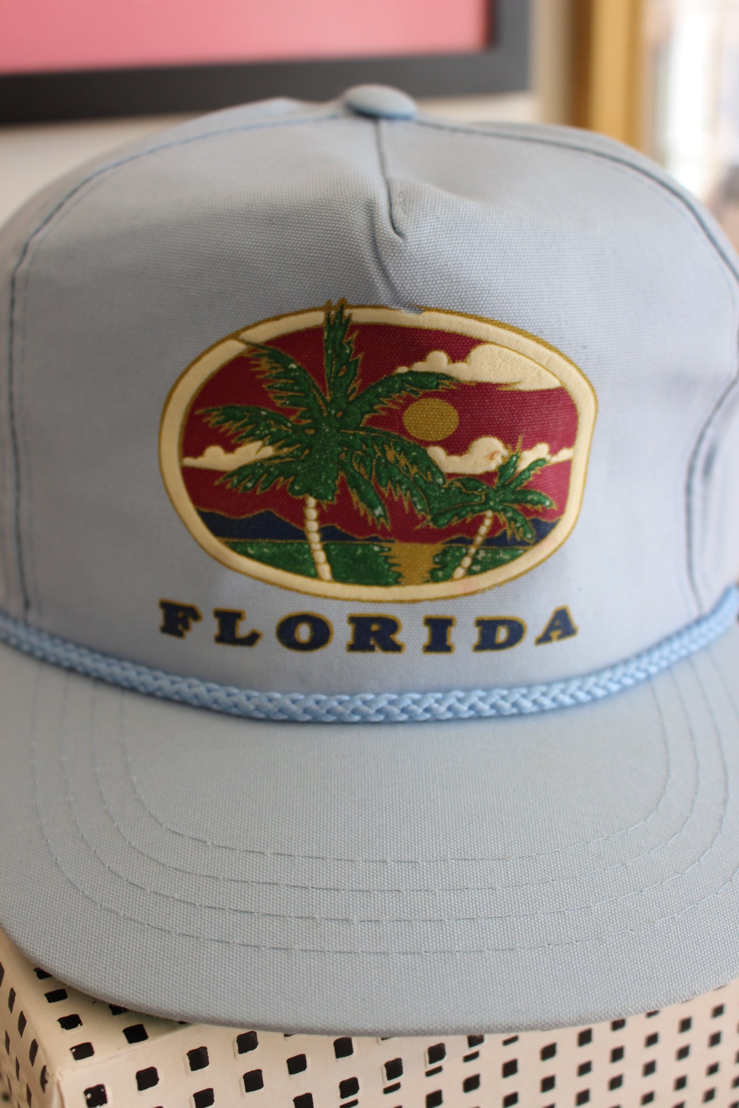 True Vintage Baby Blue "Florida" Palm Trees Buckle Back Hat