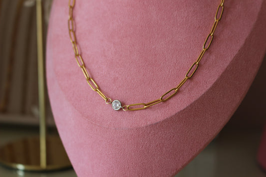 Cubic Zirconia Pendant on Gold Paperclip Necklace