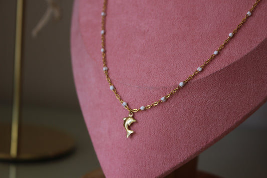 White Bead Dolphin Charm Necklace