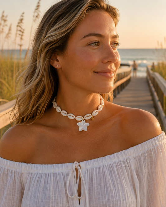 Plumeria Cowrie Shell Charm Necklace