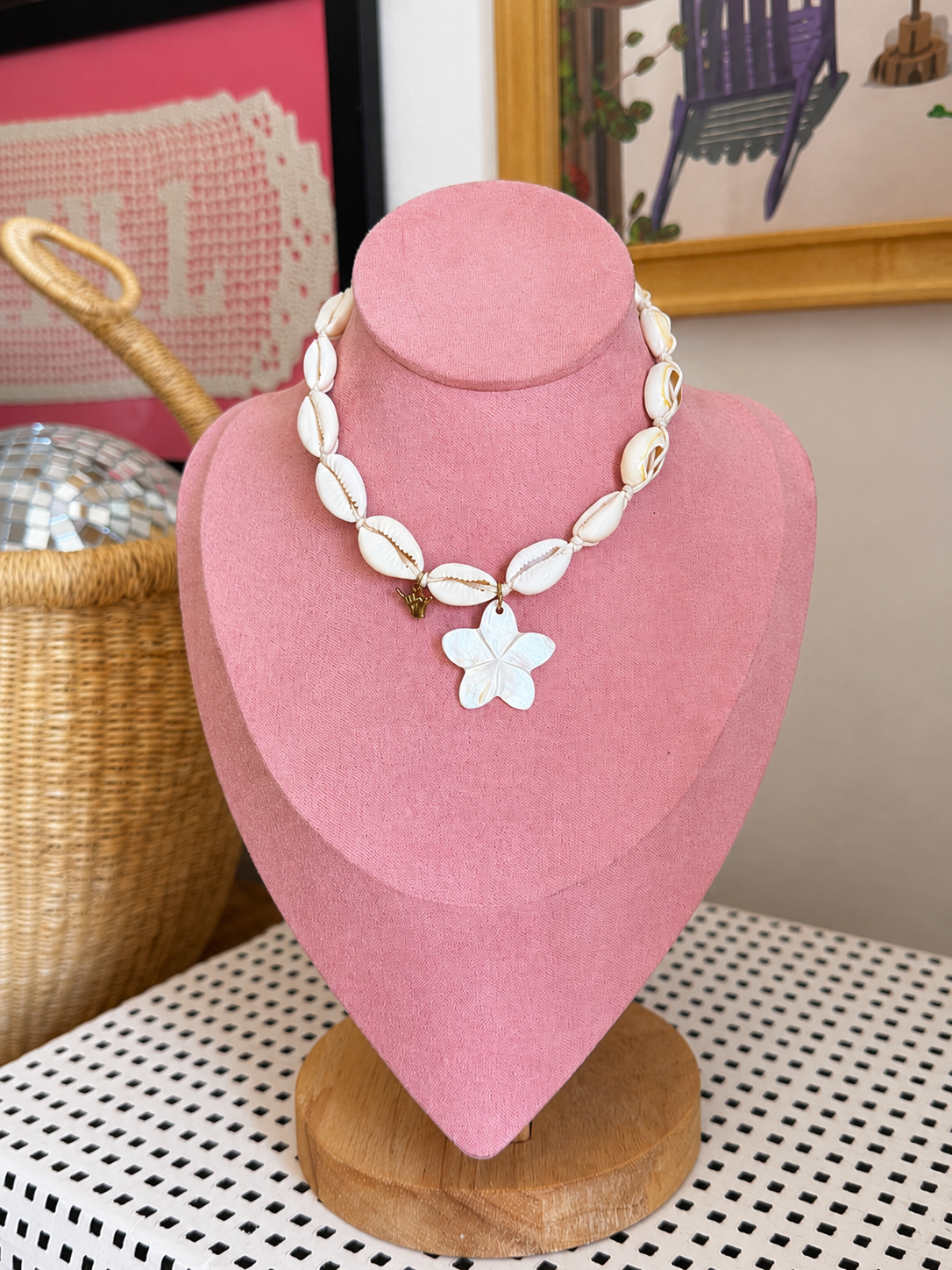 Plumeria Cowrie Shell Charm Necklace