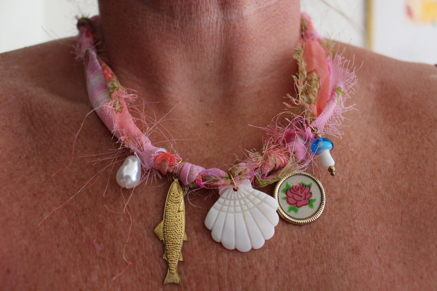 Pink Floral Fabric Necklace