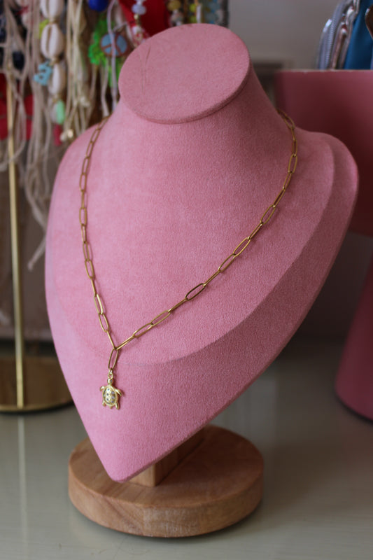 Gold Paperclip Pave Turtle Charm Necklace
