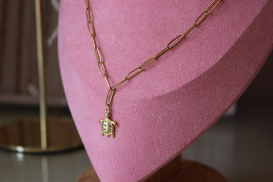 Gold Paperclip Pave Turtle Charm Necklace