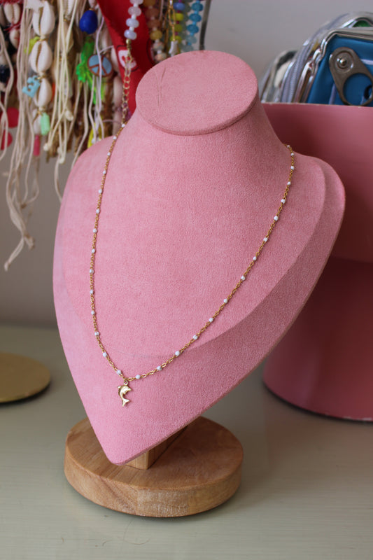 White Bead Dolphin Charm Necklace
