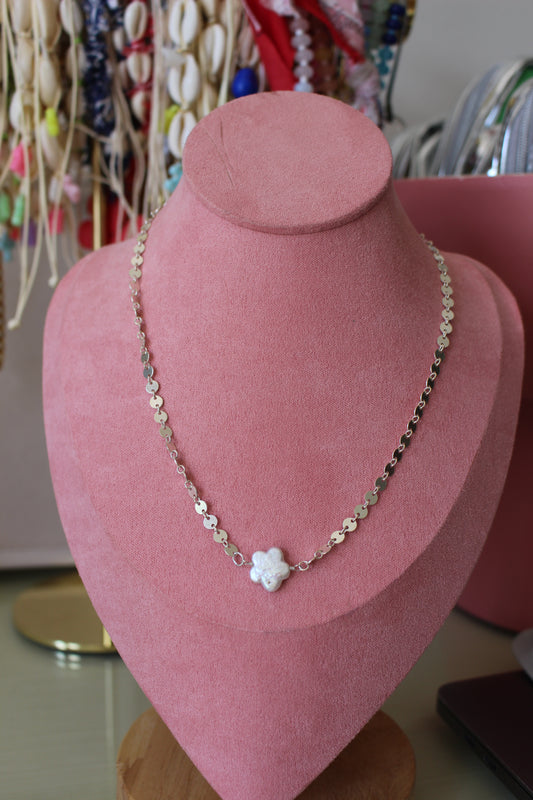 Silver Sequin Flower Charm Necklace
