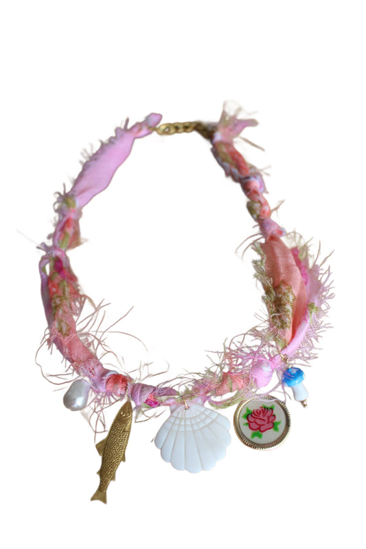 Pink Floral Fabric Necklace